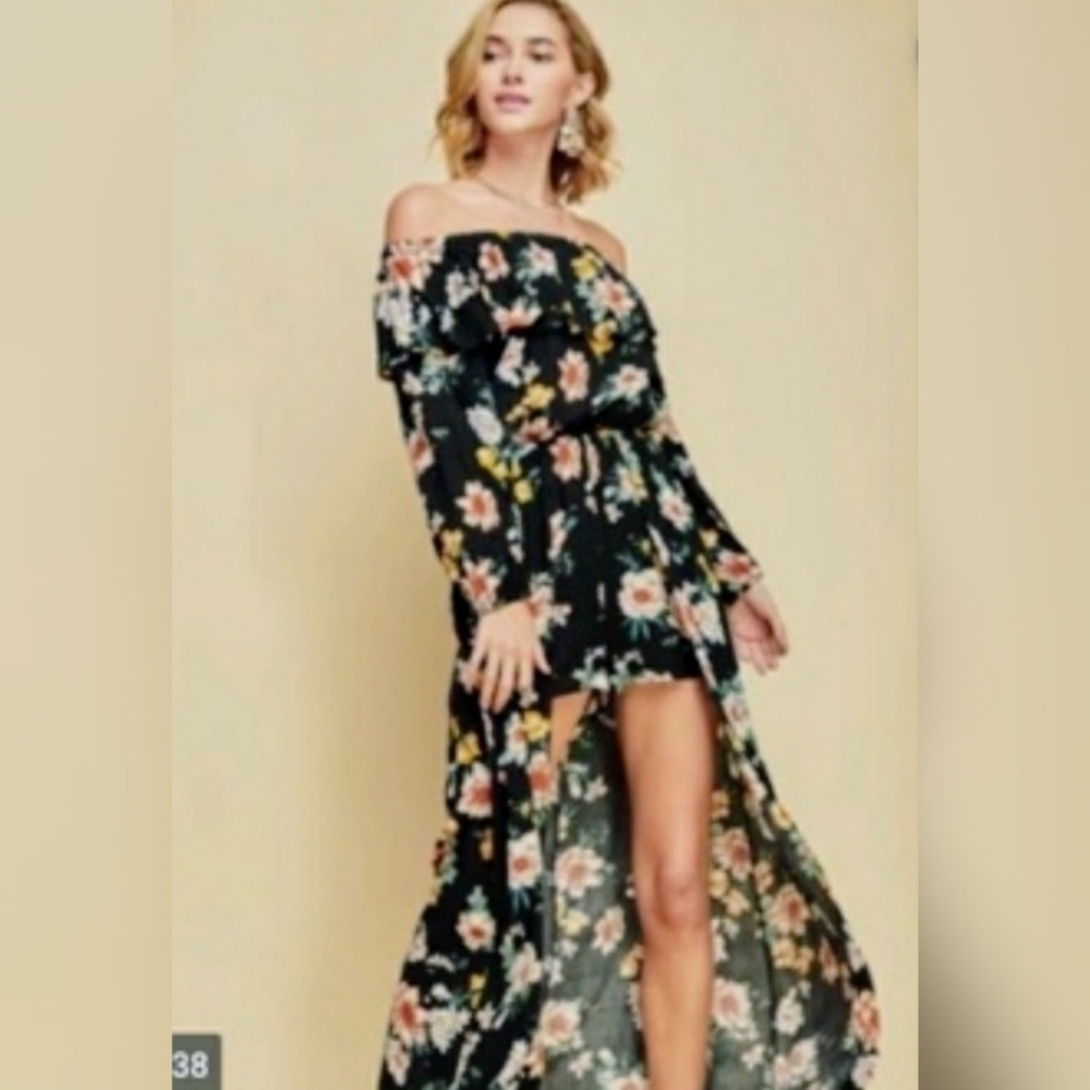 Entro | Black Floral Romper Maxi Skirt